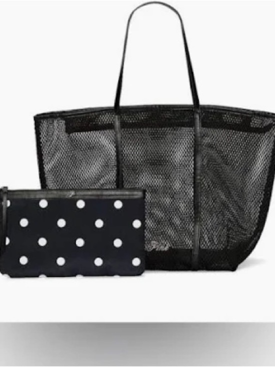 Victoria's Secret Handbags - Victoria's Secret “Pink” - Black Mesh Tote with Black Polka Dot Pouch - NWT